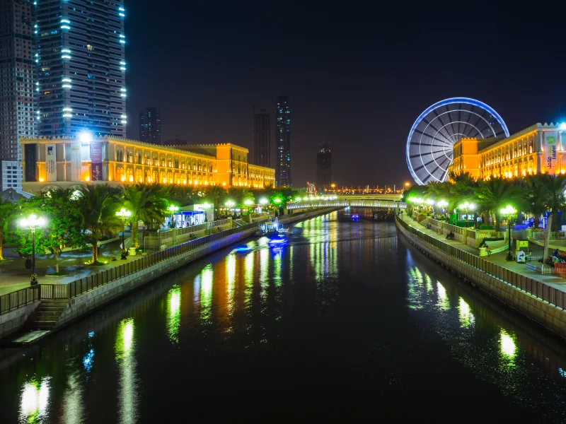 Ruota panoramica ad Al Qasba - Shajah durante il fistivale dei luci, Sharjah Emirati Arabi Uniti